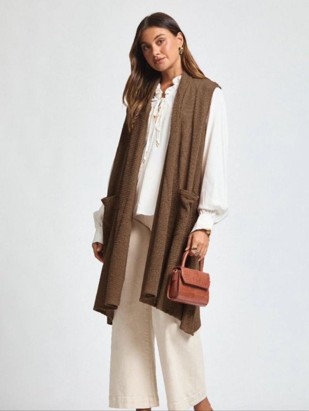 Dear Scarlett Women's Brown Waffle Knit Duster Vest NWT